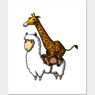 Giraffe Riding Lllama Posters and Art